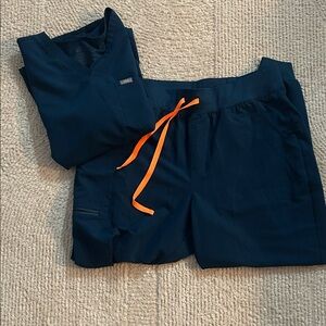 Figs Navy Blue Scrub Set with Orange Drawstring
